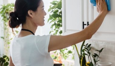 a woman wiping the surface of a cabinet